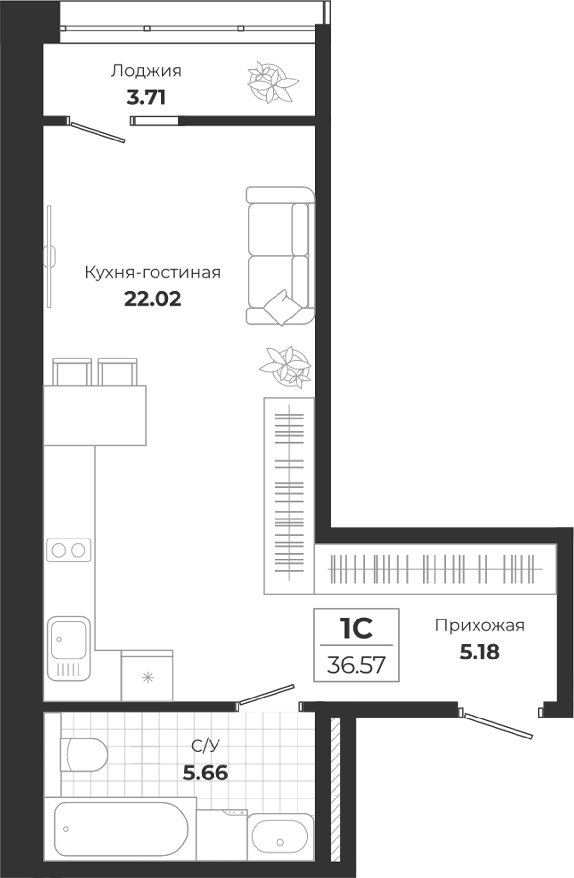 Планировка — Ясный Берег, Студия, 33 м²