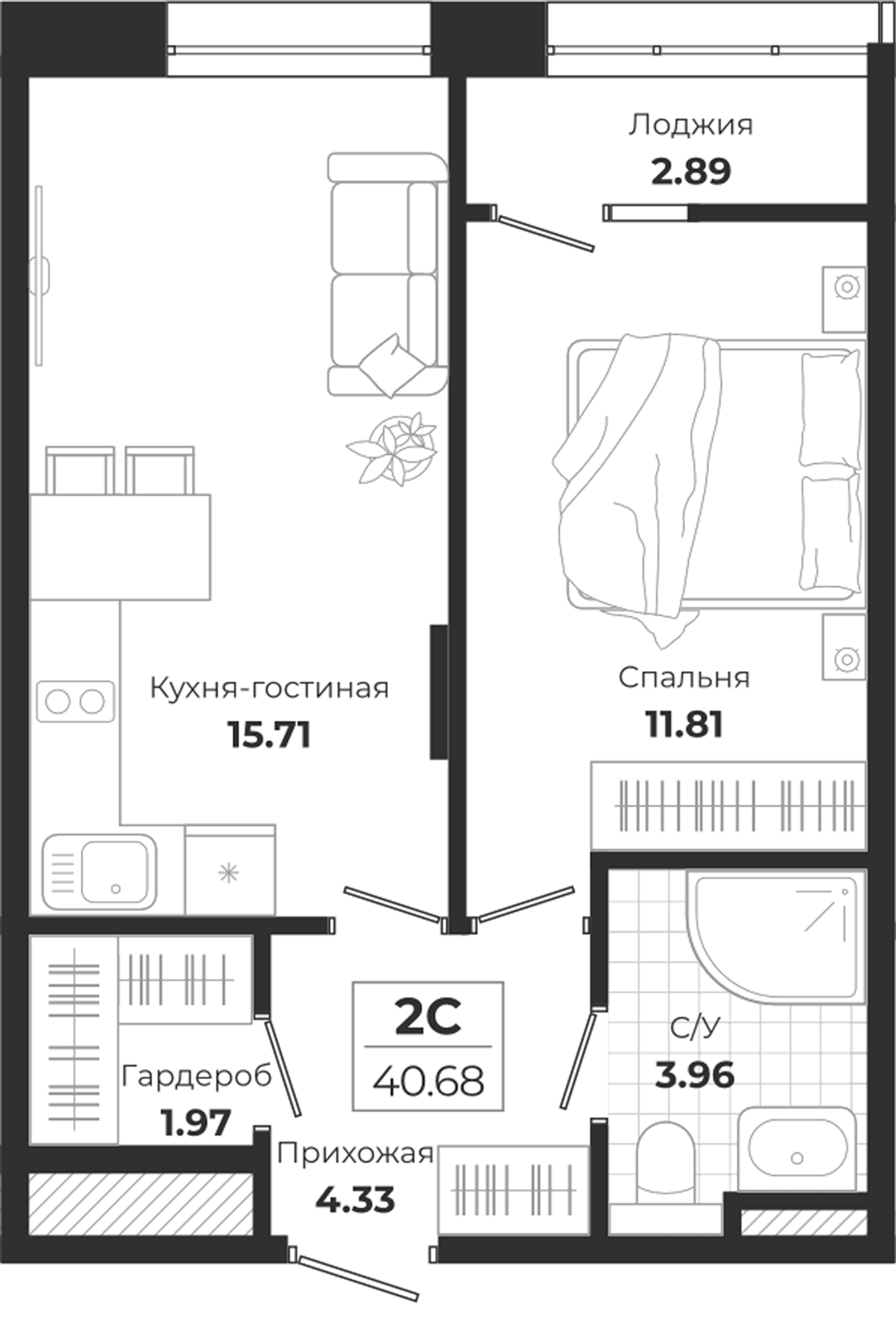 Планировка — Ясный Берег, 2-комн., 38 м²