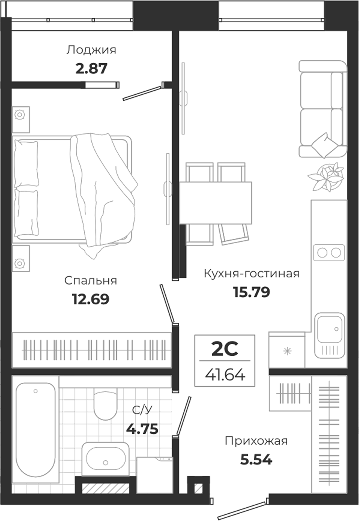Планировка — Ясный Берег, 2-комн., 39 м²