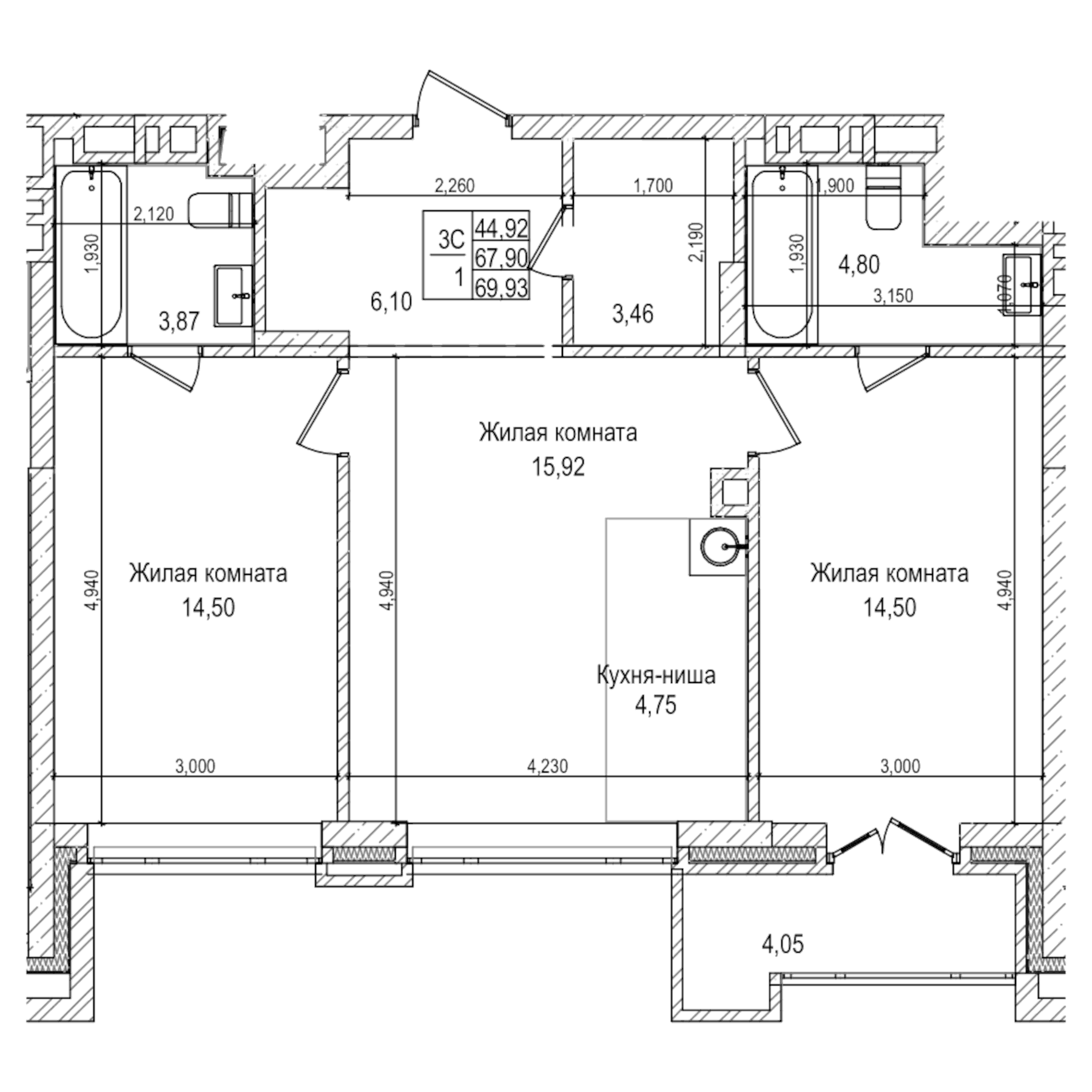 Планировка — Горького, 10, 3-комн., 68 м²