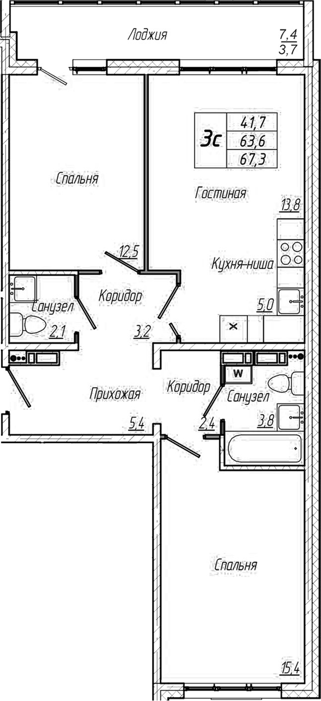 Планировка — Кемерово-Сити, 3-комн., 64 м²