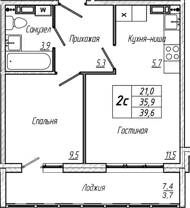Планировка — Кемерово-Сити, 2-комн., 36 м²