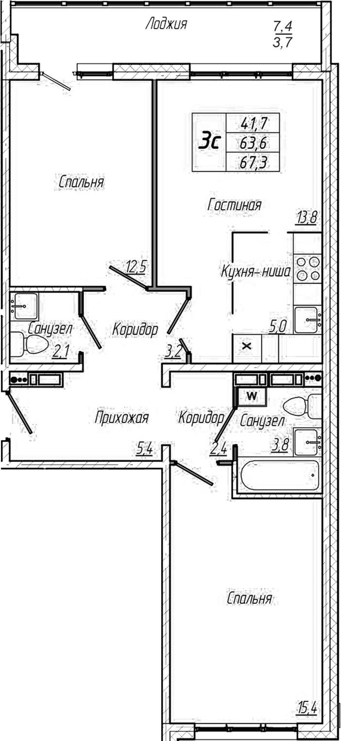 Планировка — Кемерово-Сити, 3-комн., 64 м²