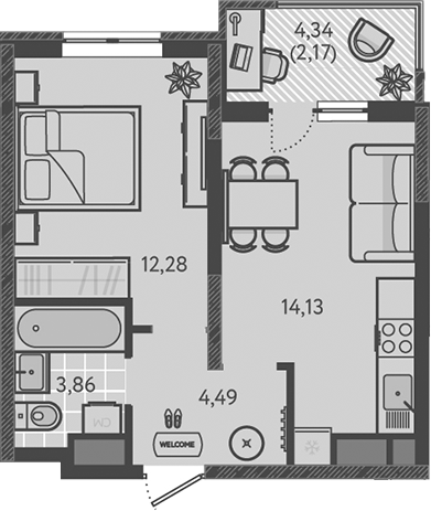 Планировка — Теплые края, 1-комн., 35 м²