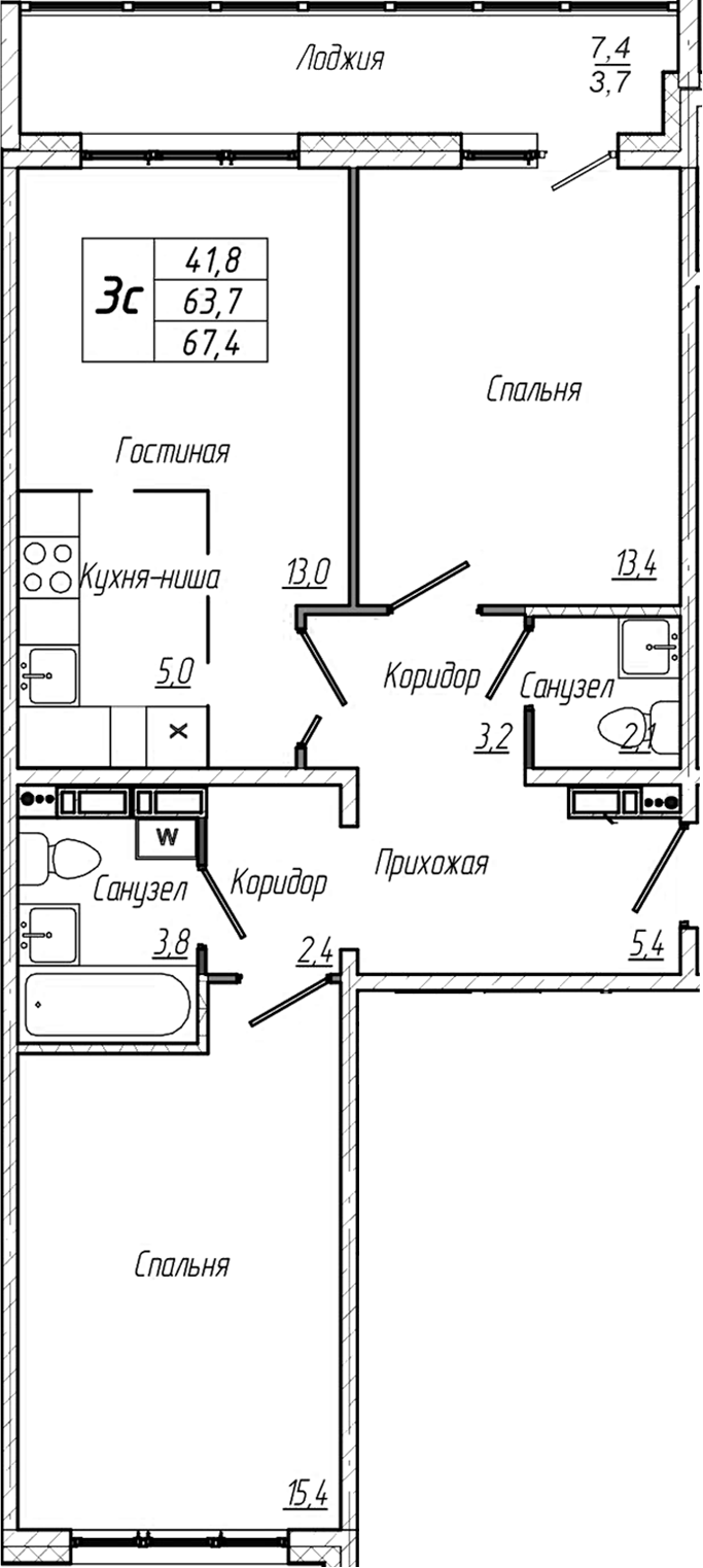 Планировка — Кемерово-Сити, 3-комн., 64 м²