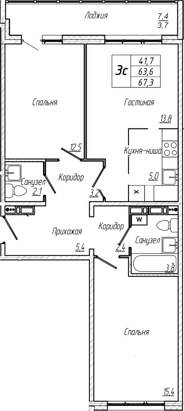 Планировка — Кемерово-Сити, 3-комн., 64 м²