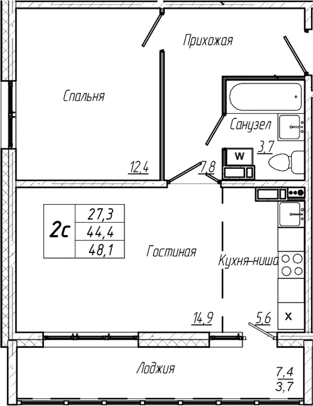 Планировка — Кемерово-Сити, 2-комн., 44 м²