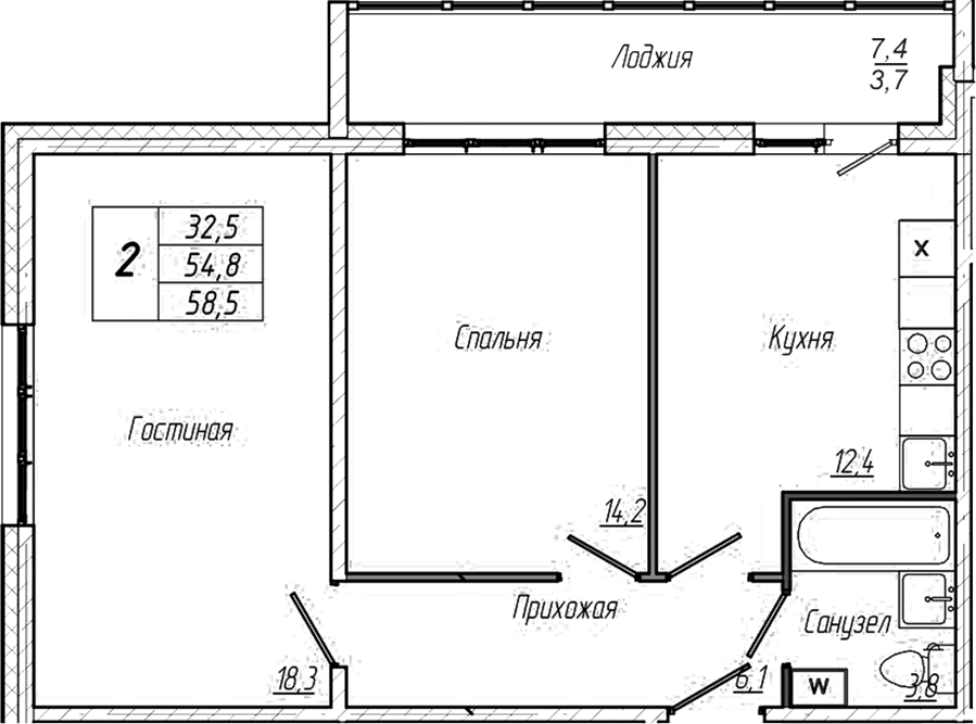 Планировка — Кемерово-Сити, 2-комн., 55 м²