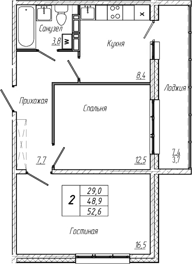 Планировка — Кемерово-Сити, 2-комн., 49 м²
