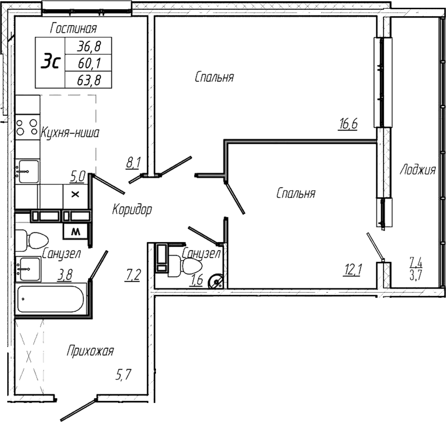 Планировка — Кемерово-Сити, 3-комн., 60 м²