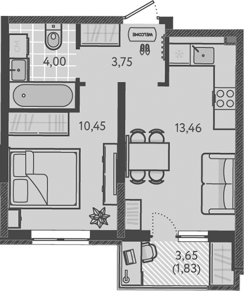 Планировка — Теплые края, 1-комн., 33 м²