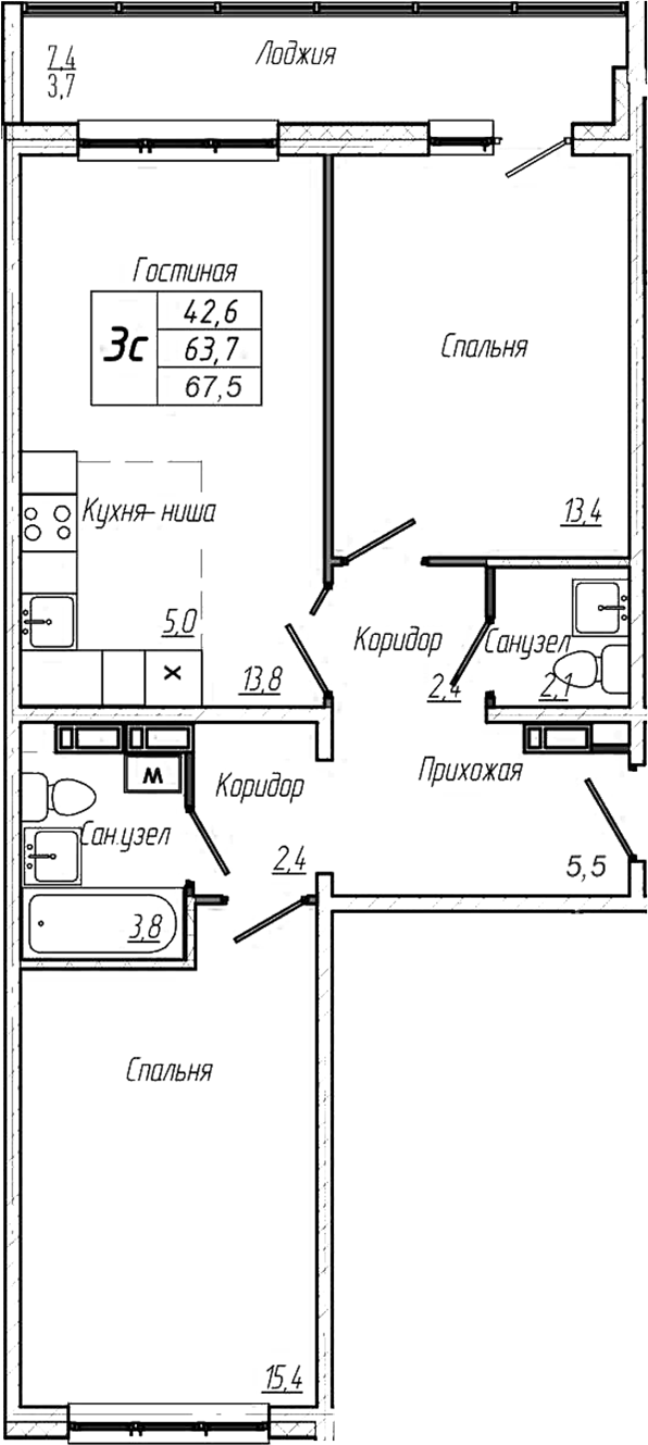 Планировка — Кемерово-Сити, 3-комн., 64 м²