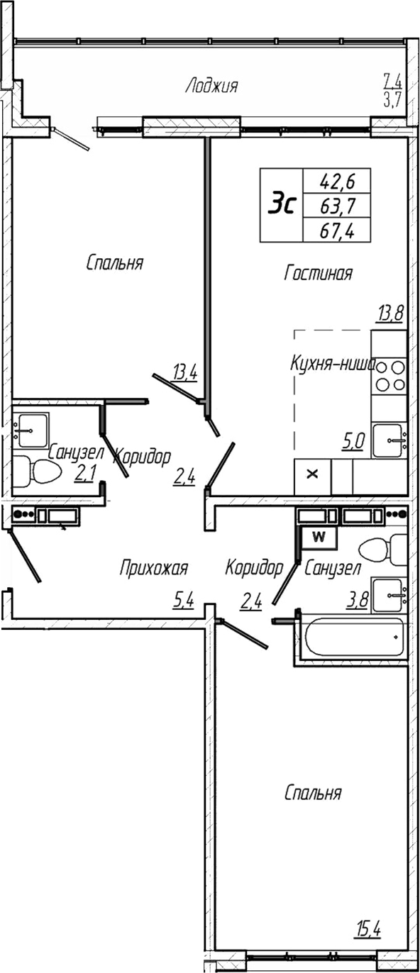 Планировка — Кемерово-Сити, 3-комн., 64 м²