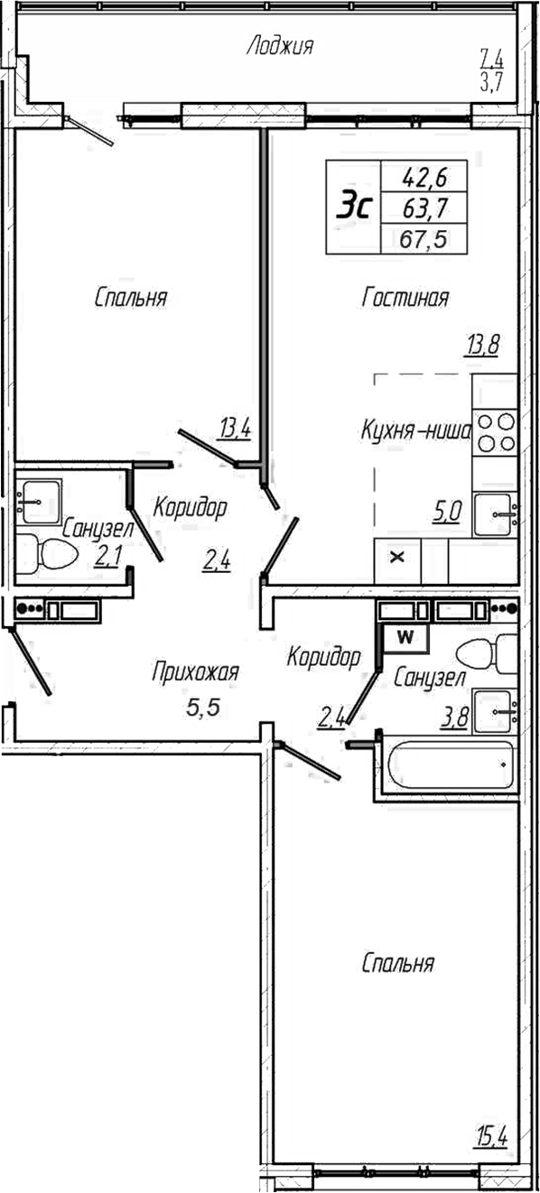 Планировка — Кемерово-Сити, 3-комн., 64 м²