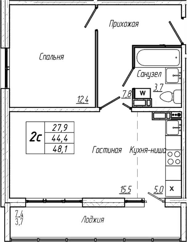 Планировка — Кемерово-Сити, 2-комн., 44 м²