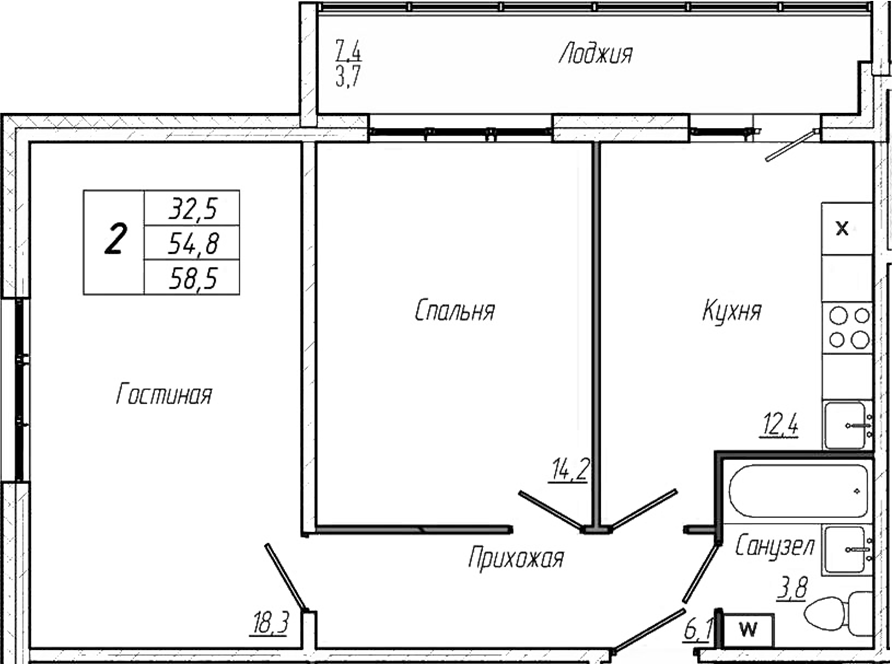 Планировка — Кемерово-Сити, 2-комн., 55 м²