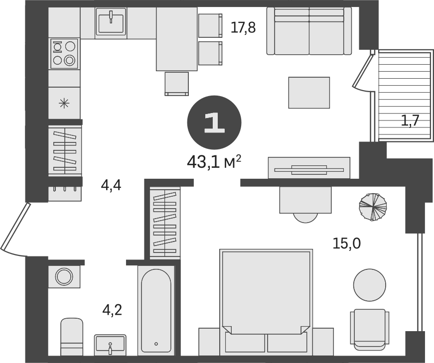 Планировка — Пшеница, 2-комн., 41 м²