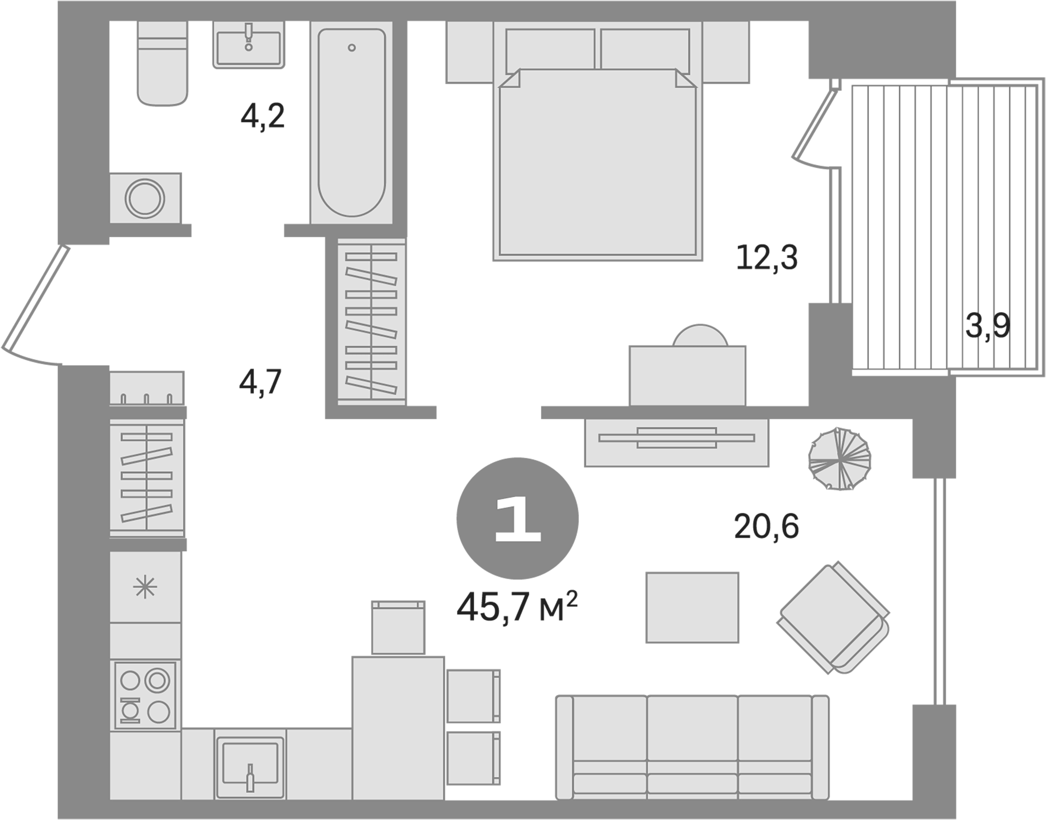 Планировка — Пшеница, 2-комн., 42 м²