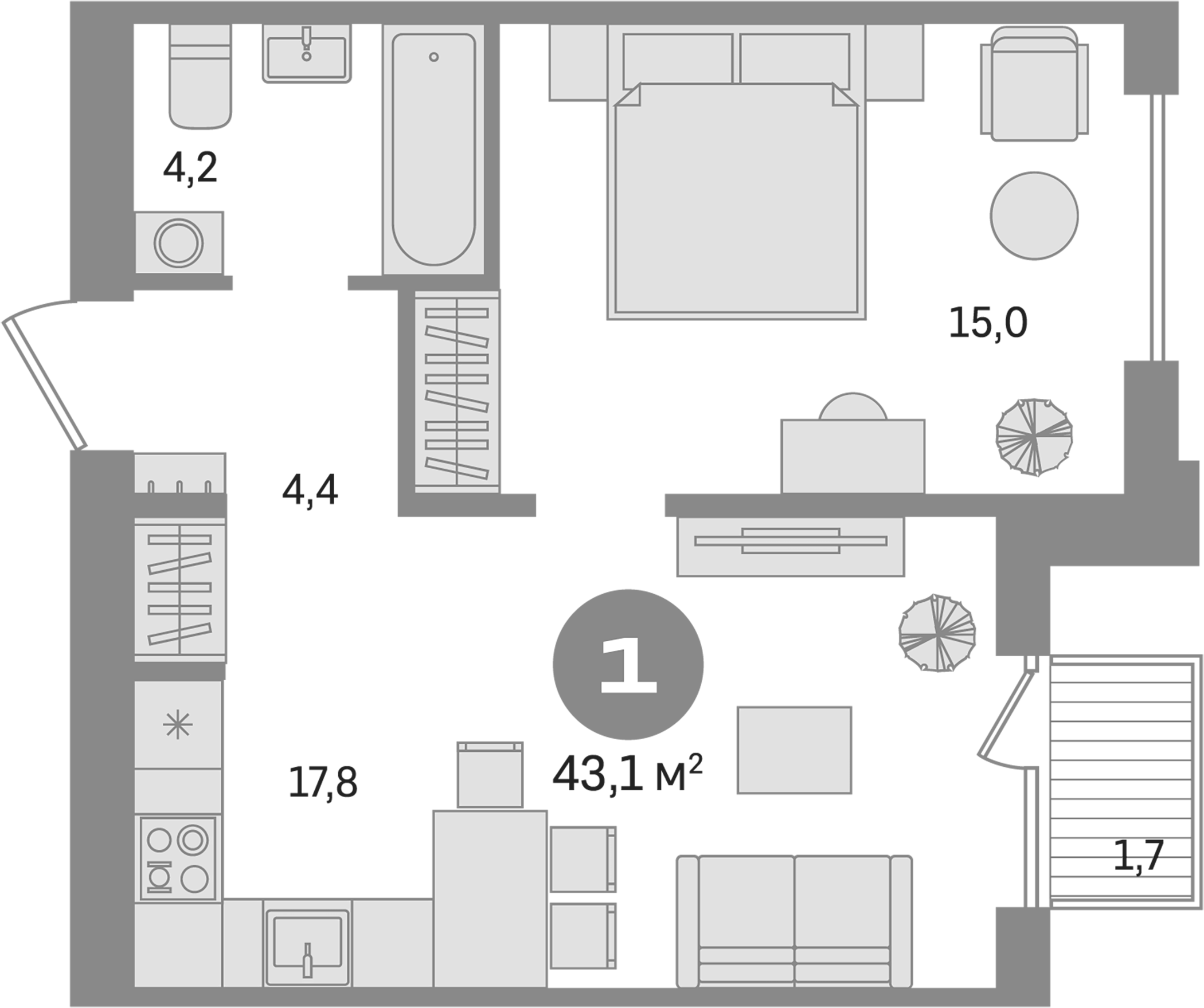 Планировка — Пшеница, 2-комн., 41 м²
