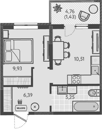 Планировка — Теплые края, 1-комн., 32 м²