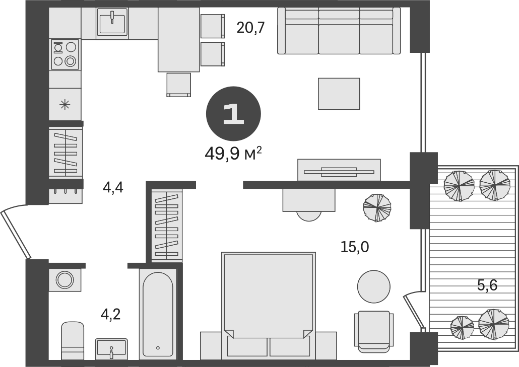 Планировка — Пшеница, 2-комн., 44 м²