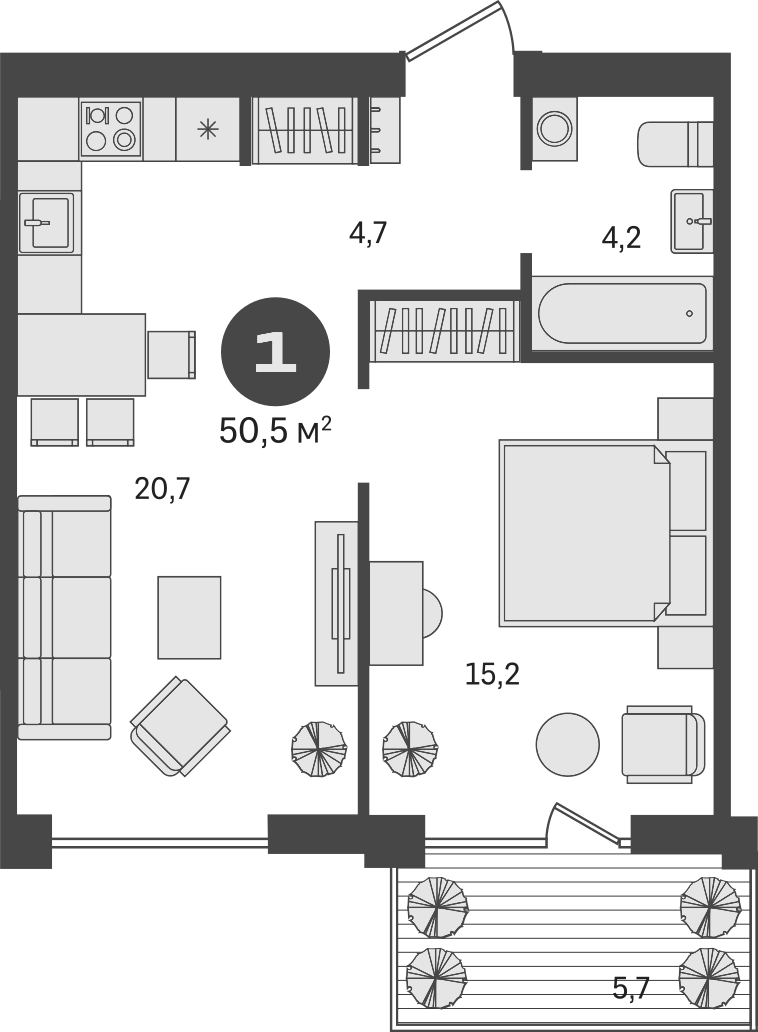 Планировка — Пшеница, 2-комн., 45 м²