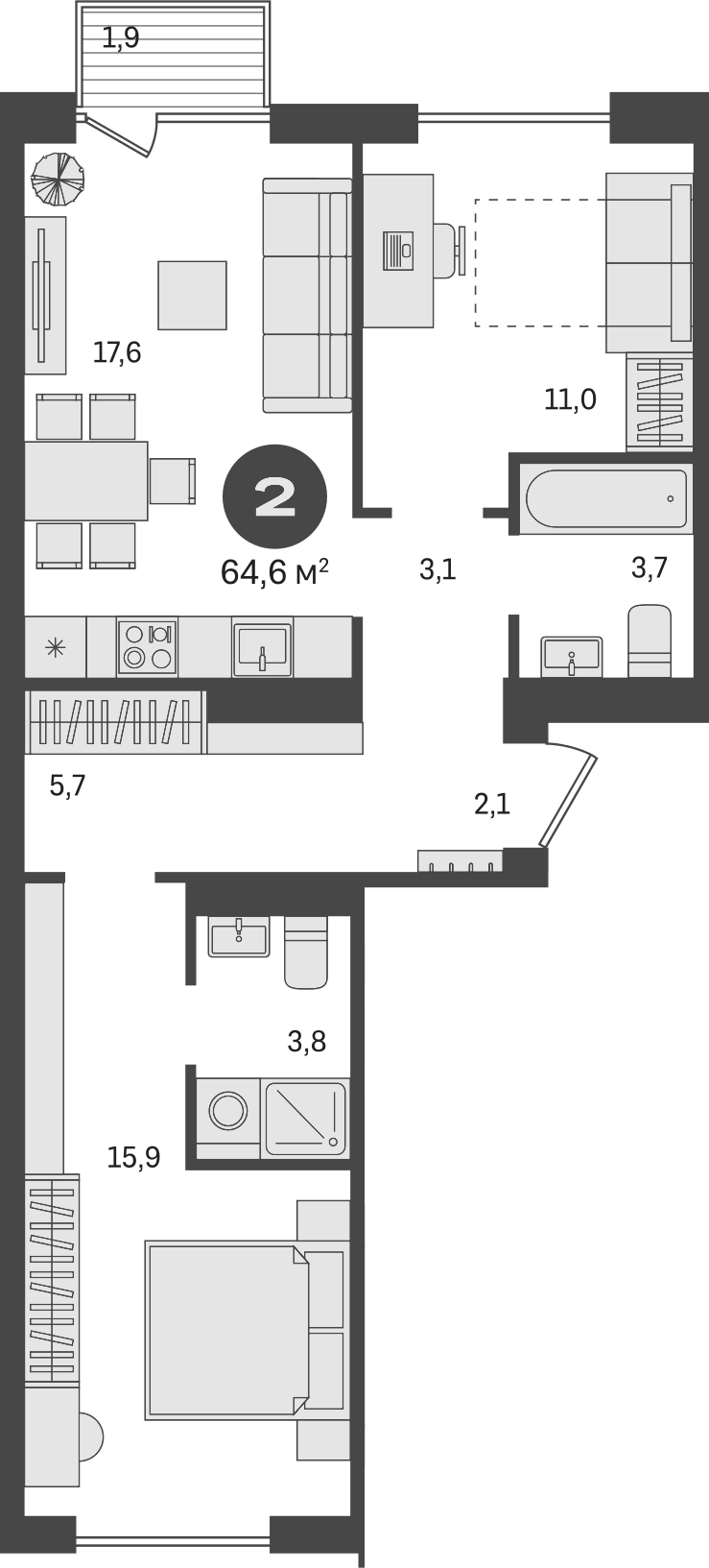 Планировка — Пшеница, 3-комн., 63 м²