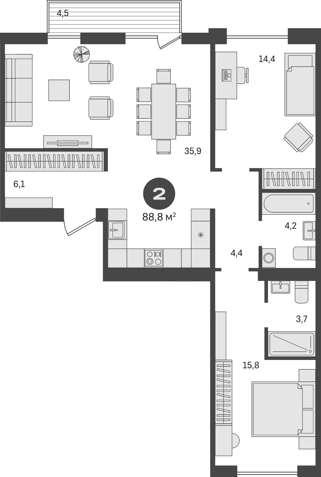 Планировка — Пшеница, 3-комн., 84 м²