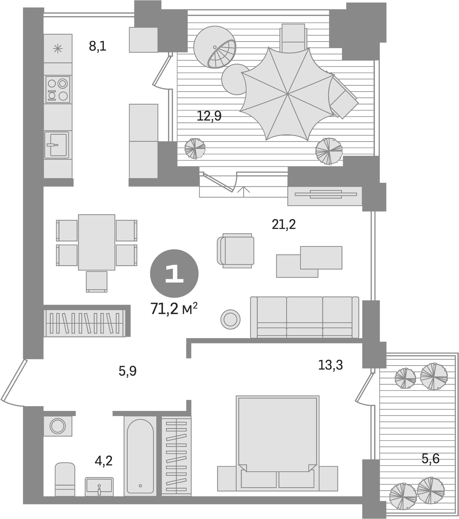 Планировка — Пшеница, 2-комн., 53 м²
