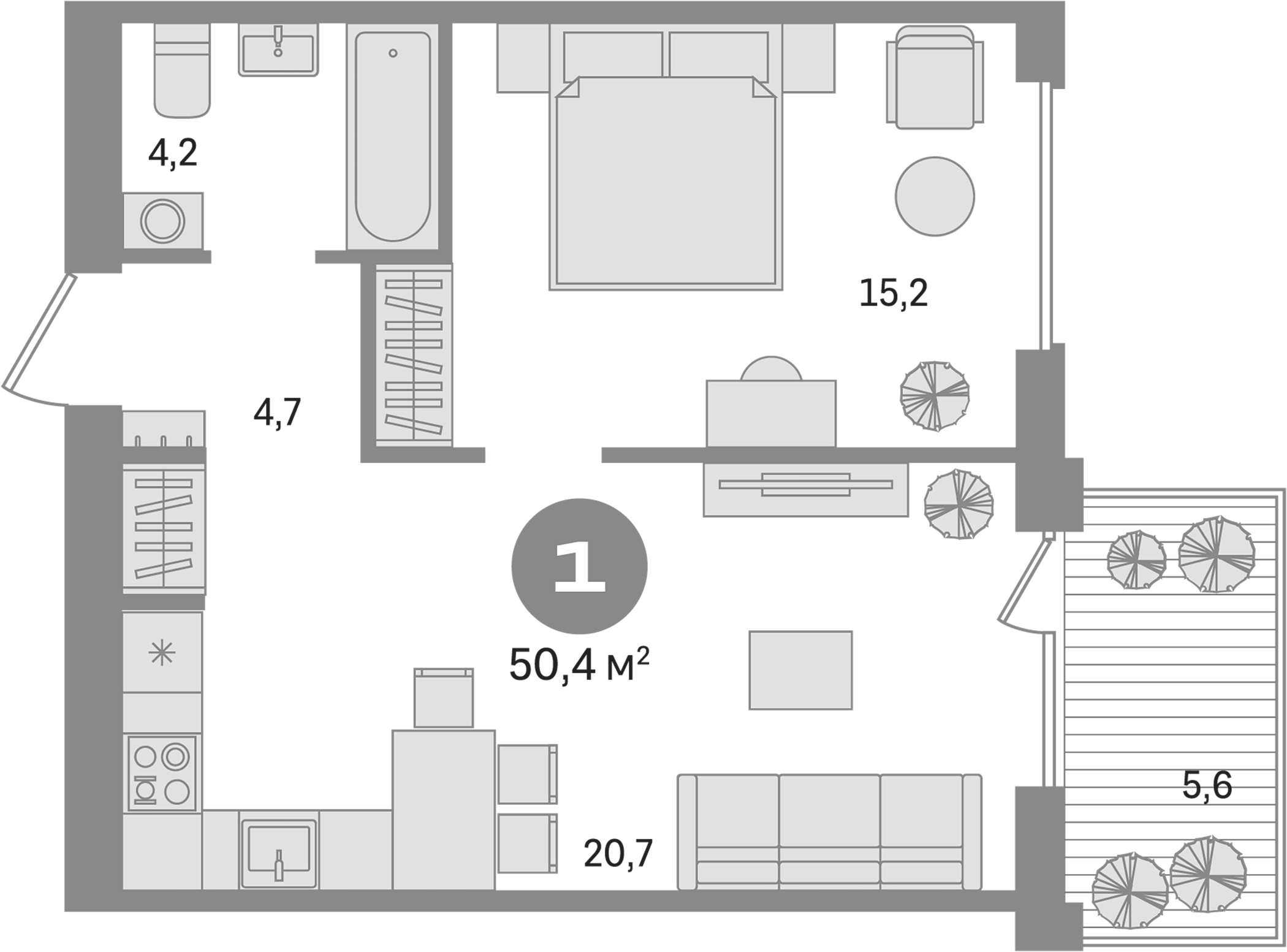 Планировка — Пшеница, 2-комн., 45 м²