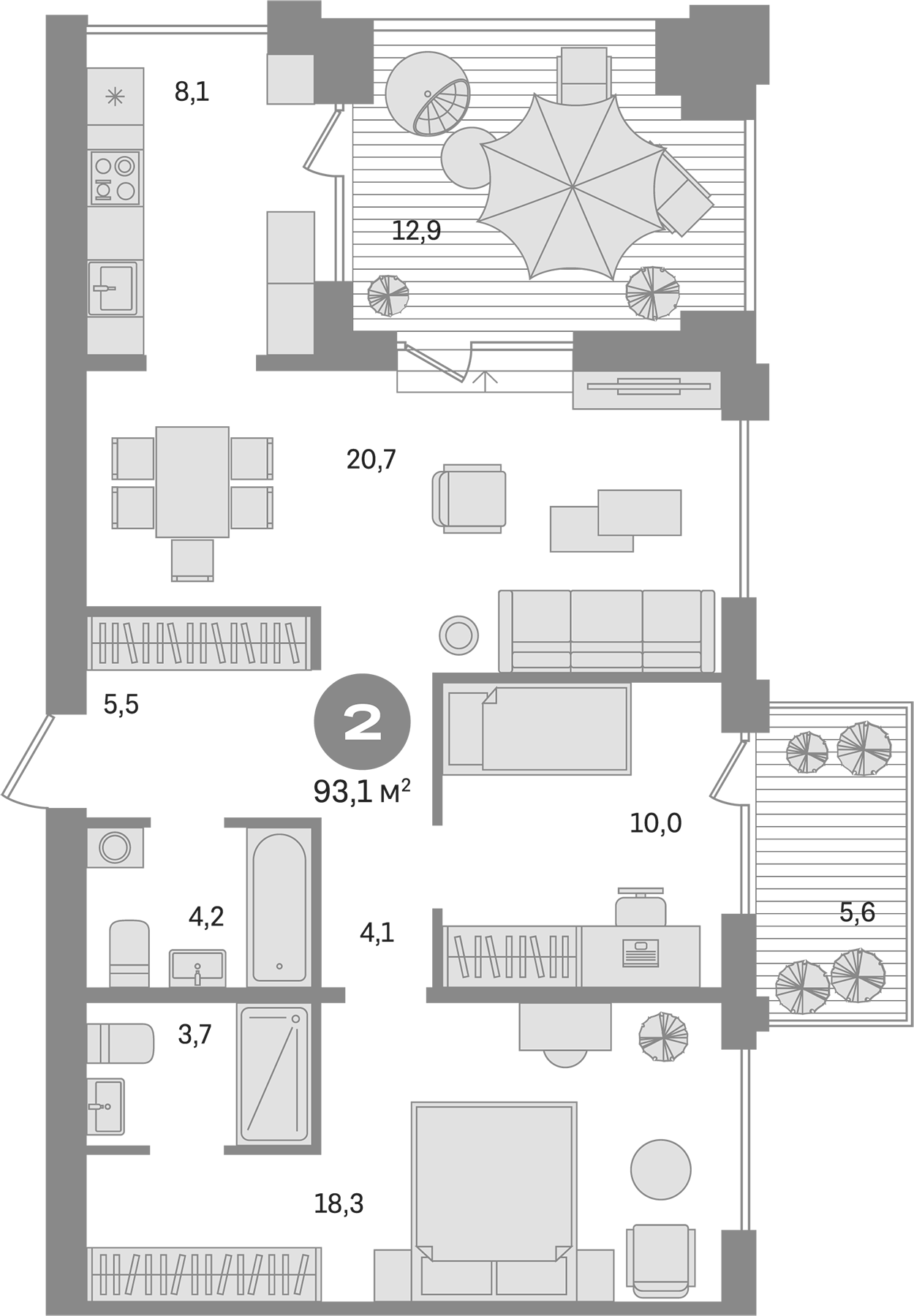Планировка — Пшеница, 3-комн., 75 м²