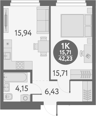 Планировка — Первый на Титова, 1-комн., 42 м²