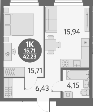 Планировка — Первый на Титова, 1-комн., 42 м²