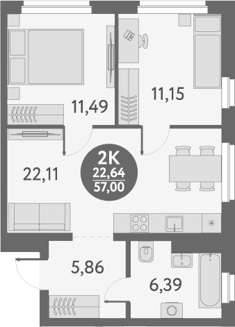 Планировка — Первый на Титова, 2-комн., 57 м²