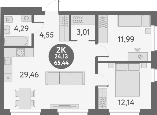 Планировка — Первый на Титова, 2-комн., 65 м²