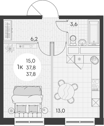 Планировка — Green Apple, 1-комн., 38 м²