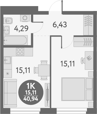 Планировка — Первый на Титова, 1-комн., 41 м²