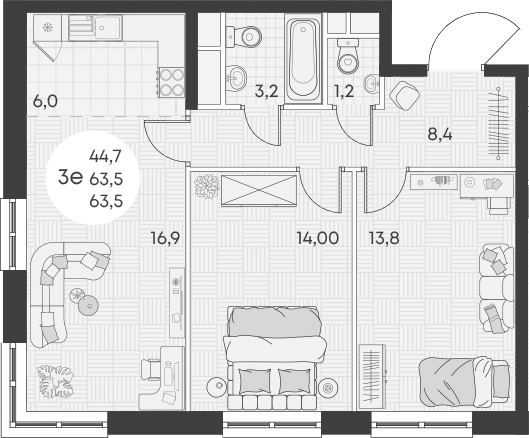 Планировка — Green Apple, 3-комн., 64 м²