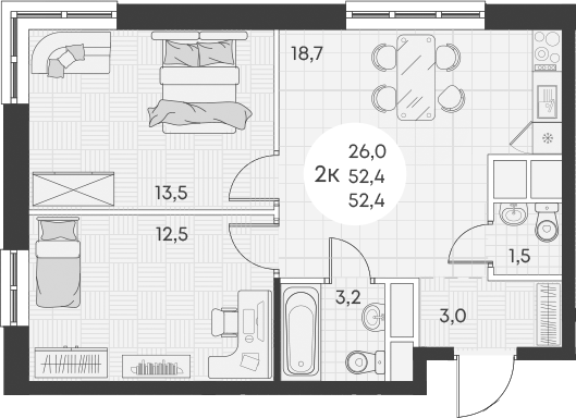 Планировка — Green Apple, 2-комн., 52 м²