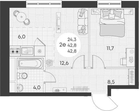 Планировка — Green Apple, 2-комн., 43 м²