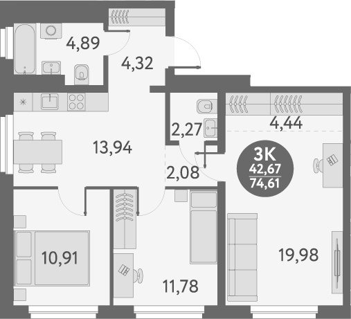 Планировка — Первый на Титова, 3-комн., 75 м²