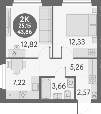 Планировка — Первый на Титова, 2-комн., 44 м²