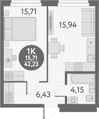 Планировка — Первый на Титова, 1-комн., 42 м²