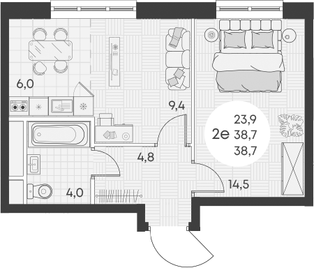 Планировка — Green Apple, 2-комн., 39 м²