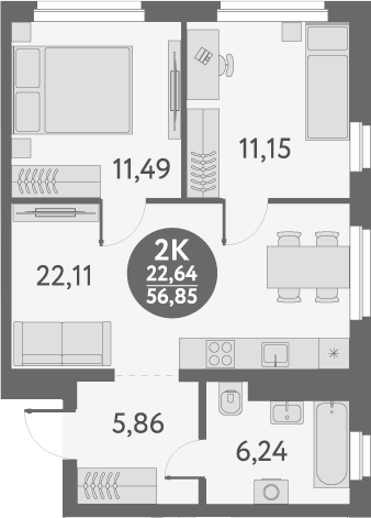 Планировка — Первый на Титова, 2-комн., 57 м²