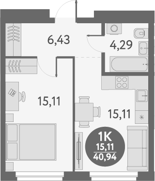 Планировка — Первый на Титова, 1-комн., 41 м²