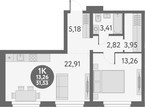 Планировка — Первый на Титова, 1-комн., 52 м²
