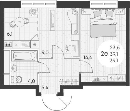 Планировка — Green Apple, 2-комн., 39 м²