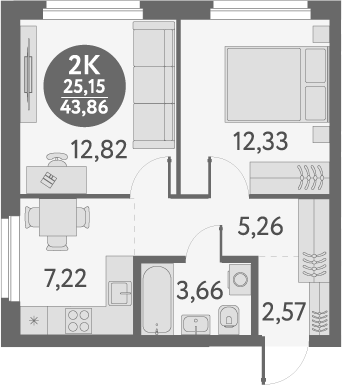 Планировка — Первый на Титова, 2-комн., 44 м²
