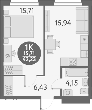 Планировка — Первый на Титова, 1-комн., 42 м²